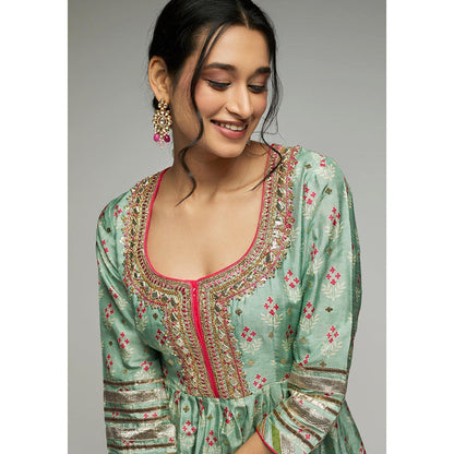 Gopi Vaid Green Tilla Peplum Kurta with Sharara and Dupatta