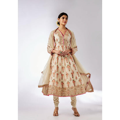 Gopi Vaid Ivory Joshna Tiered Anarkali with Churidar and Dupatta