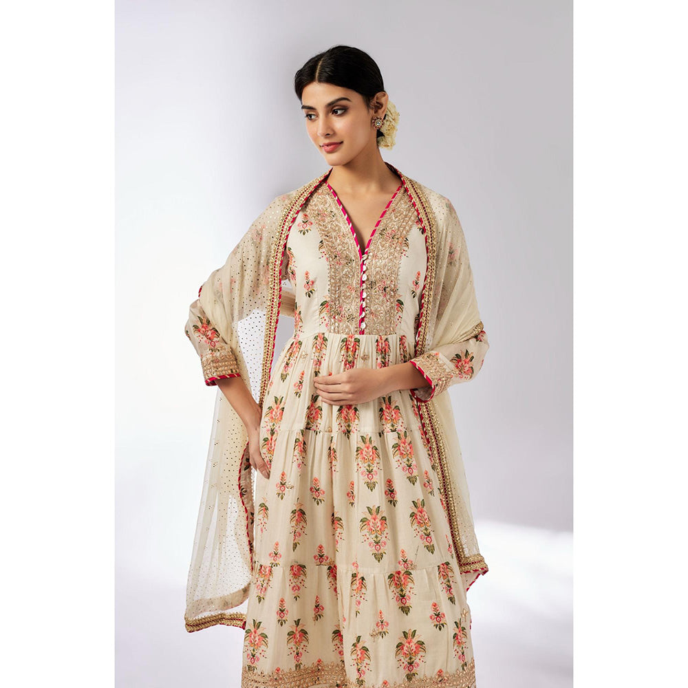 Gopi Vaid Ivory Joshna Tiered Anarkali with Churidar and Dupatta