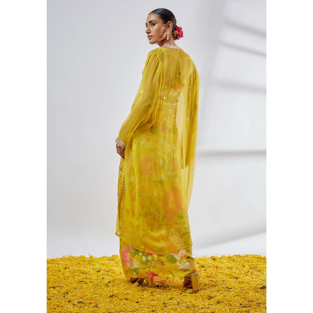 Gopi Vaid Yellow Saisha Drape Skirt with Blouse and Jacket