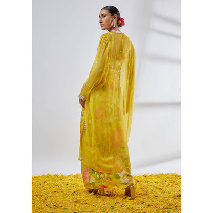 Gopi Vaid Yellow Saisha Drape Skirt with Blouse and Jacket