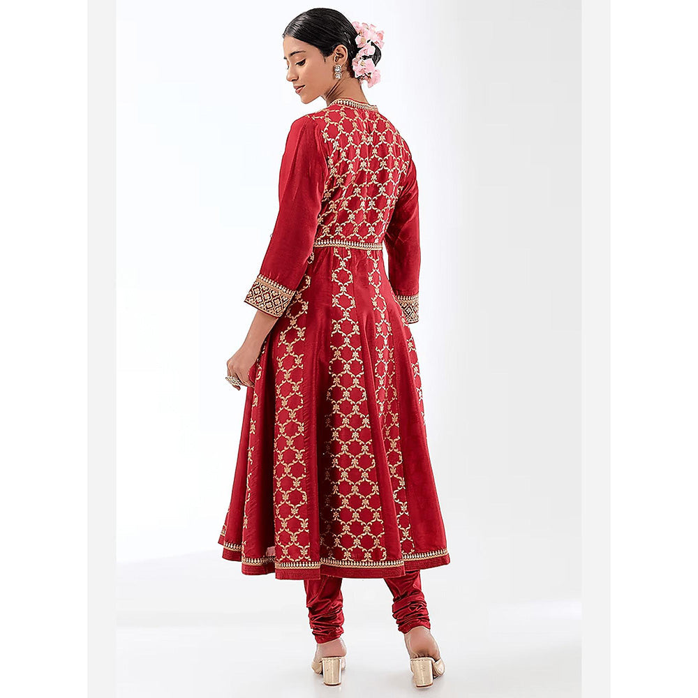 Gopi Vaid Red Marigold Brocade Anarkali with Churidar and Dupatta