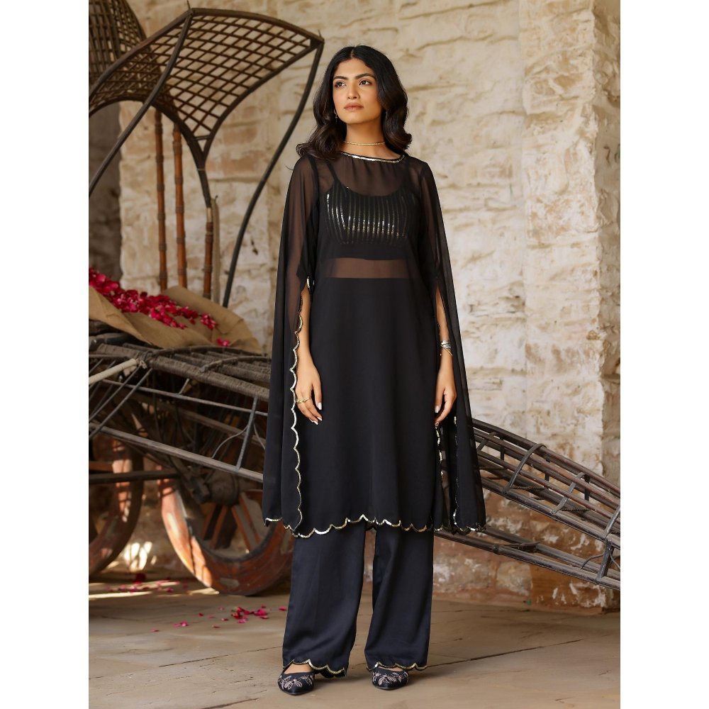 Gulaal Black Sequin Detailed Georgette Kurta with Bralette and Pant (Set of 3)