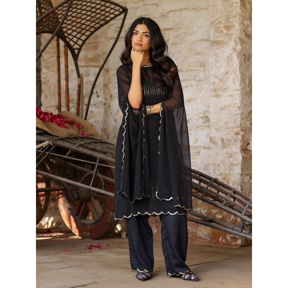 Gulaal Black Sequin Detailed Georgette Kurta with Bralette and Pant (Set of 3)