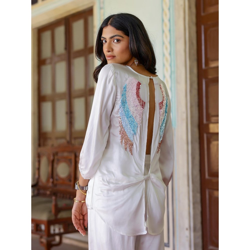Gulaal White Satin Angel Wing Sequin Top And Pant (Set of 2)