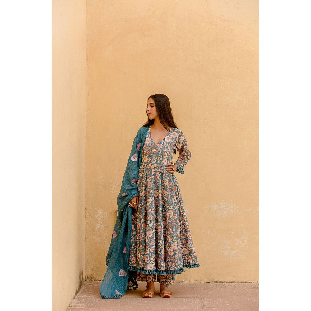 Gulabo Jaipur Acacia Blue Anarkali Kurta with Pants & Dupatta (Set of 3)