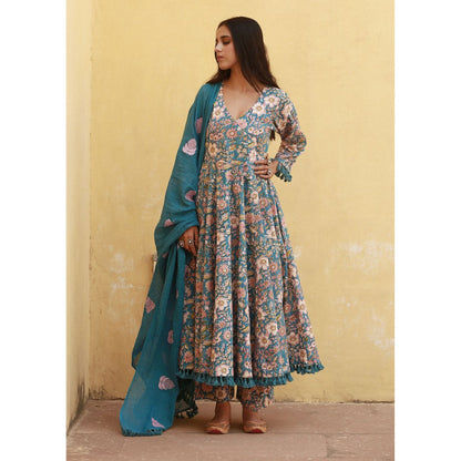 Gulabo Jaipur Acacia Blue Anarkali Kurta with Pants & Dupatta (Set of 3)