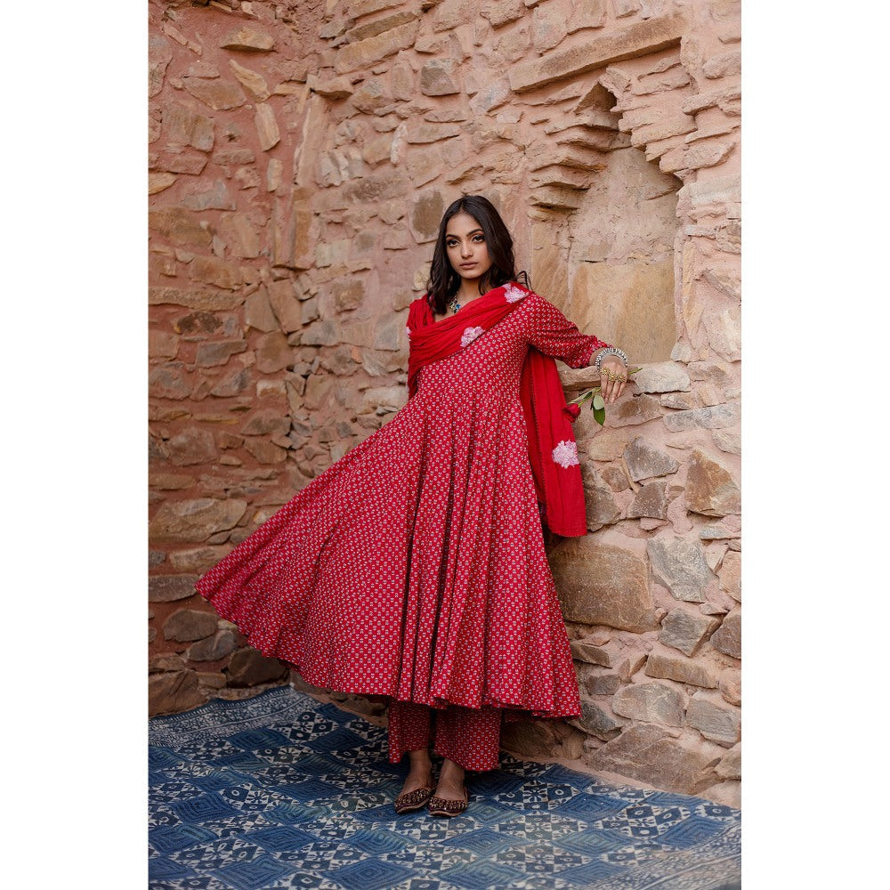Gulabo Jaipur Padma Red Anarkali Kurta with Pants & Dupatta (Set of 3)