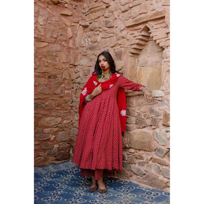 Gulabo Jaipur Padma Red Anarkali Kurta with Pants & Dupatta (Set of 3)