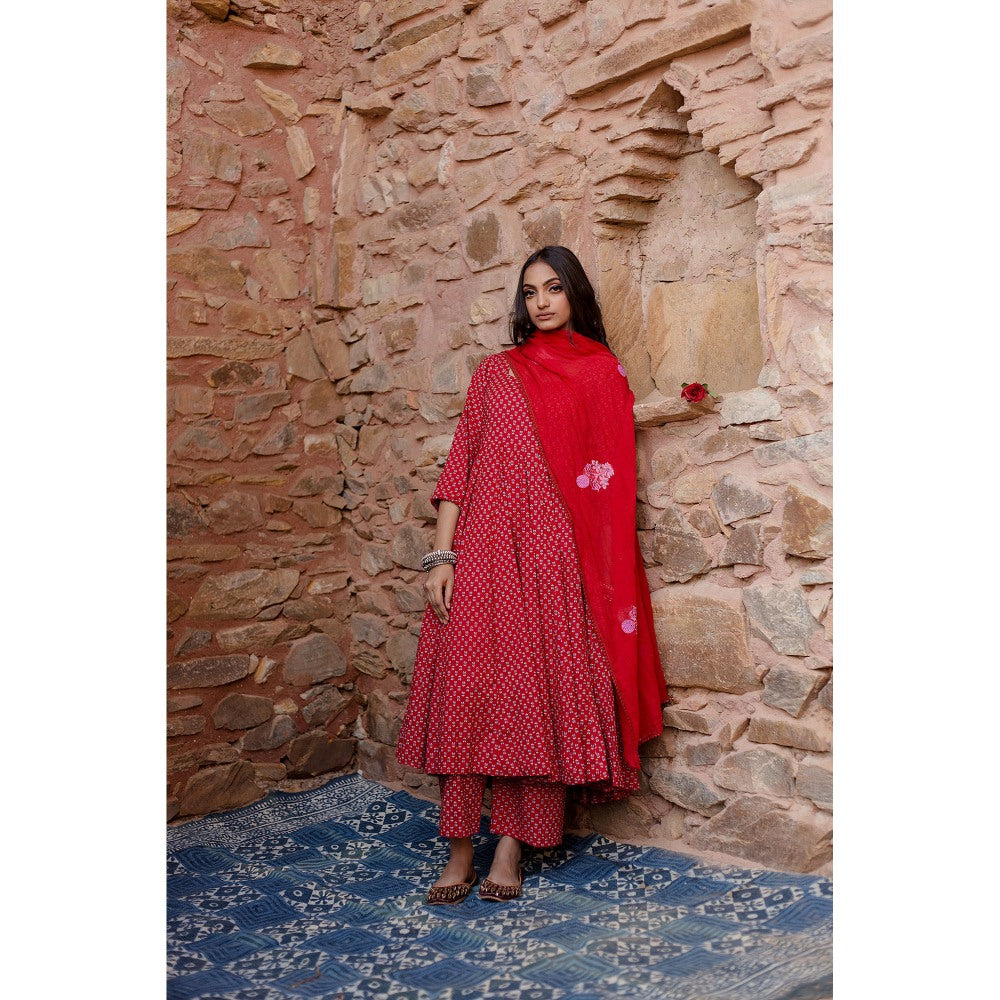 Gulabo Jaipur Padma Red Anarkali Kurta with Pants & Dupatta (Set of 3)