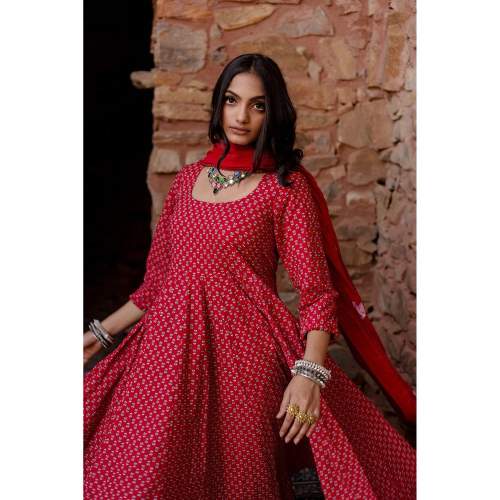 Gulabo Jaipur Padma Red Anarkali Kurta with Pants & Dupatta (Set of 3)