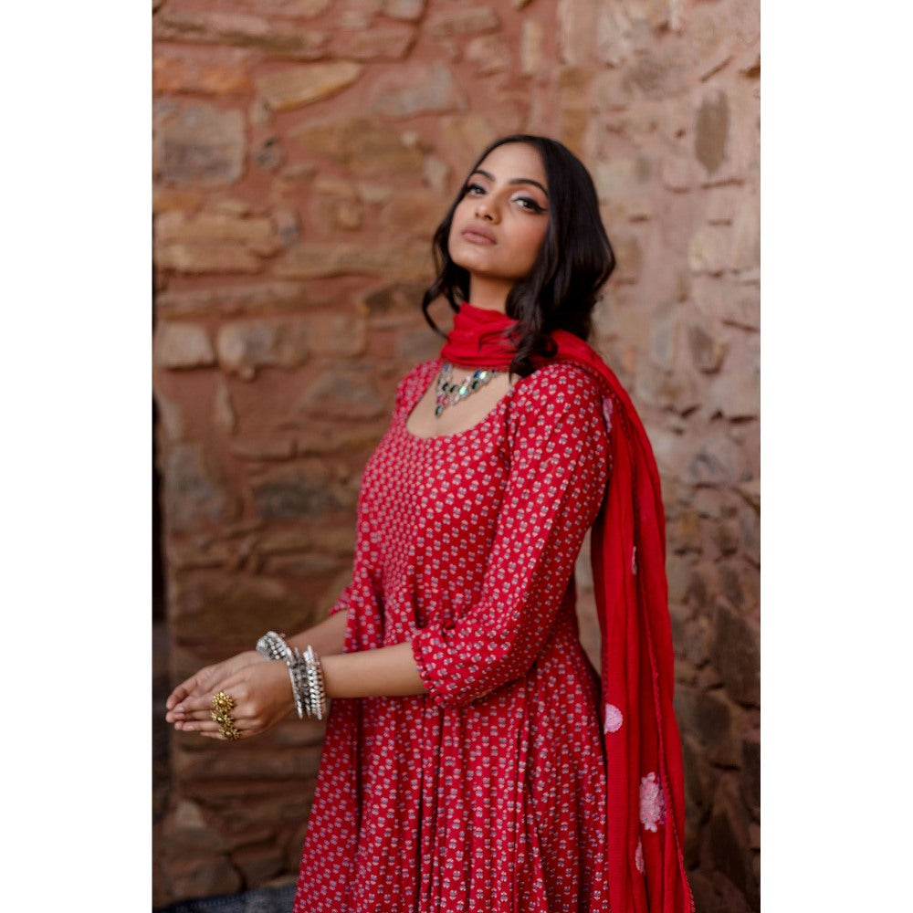Gulabo Jaipur Padma Red Anarkali Kurta with Pants & Dupatta (Set of 3)