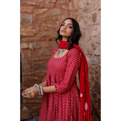 Gulabo Jaipur Padma Red Anarkali Kurta with Pants & Dupatta (Set of 3)