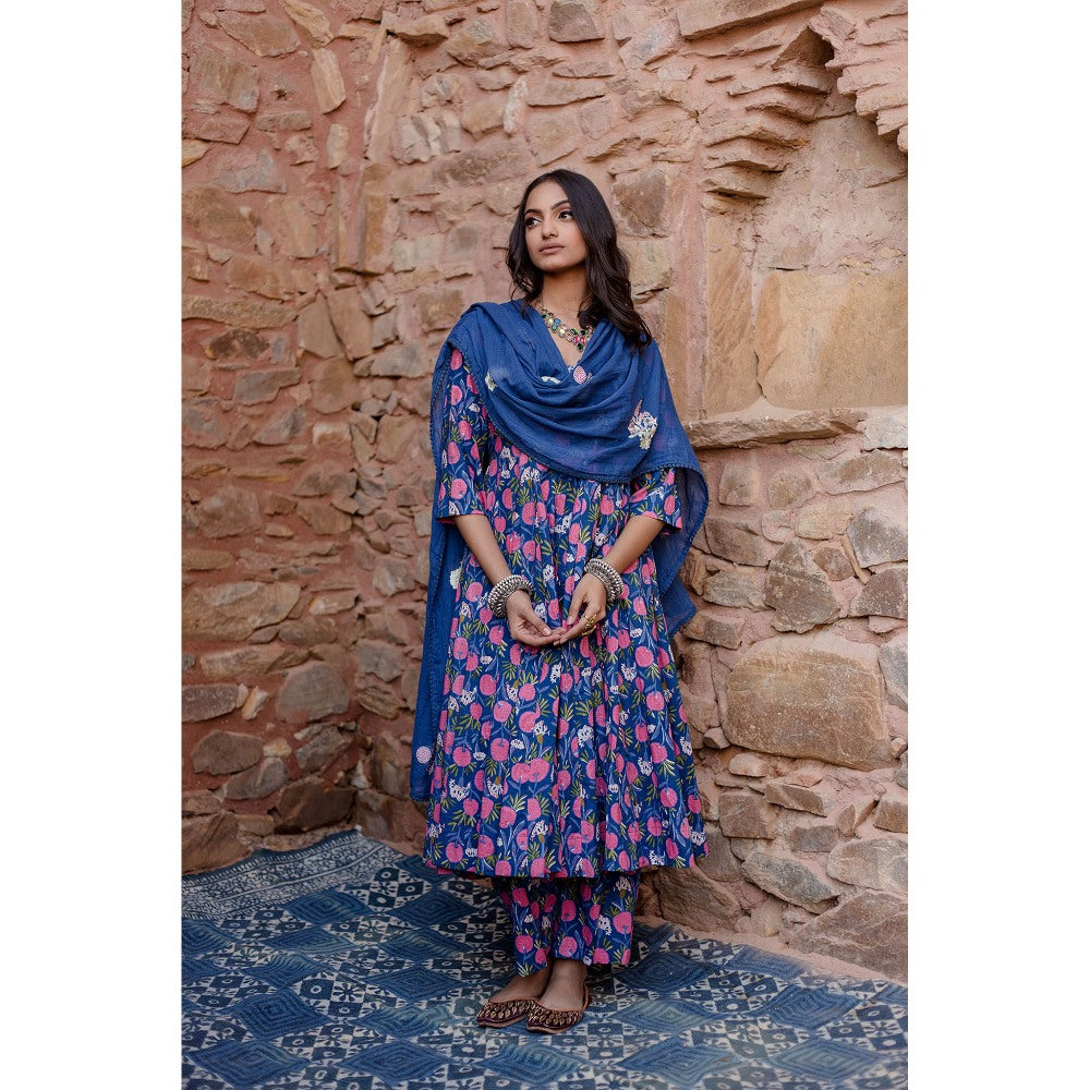 Gulabo Jaipur Meena Blue Anarkali Kurta with Pants & Dupatta (Set of 3)
