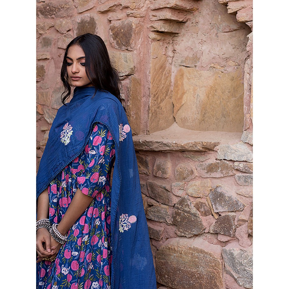 Gulabo Jaipur Meena Blue Anarkali Kurta with Pants & Dupatta (Set of 3)
