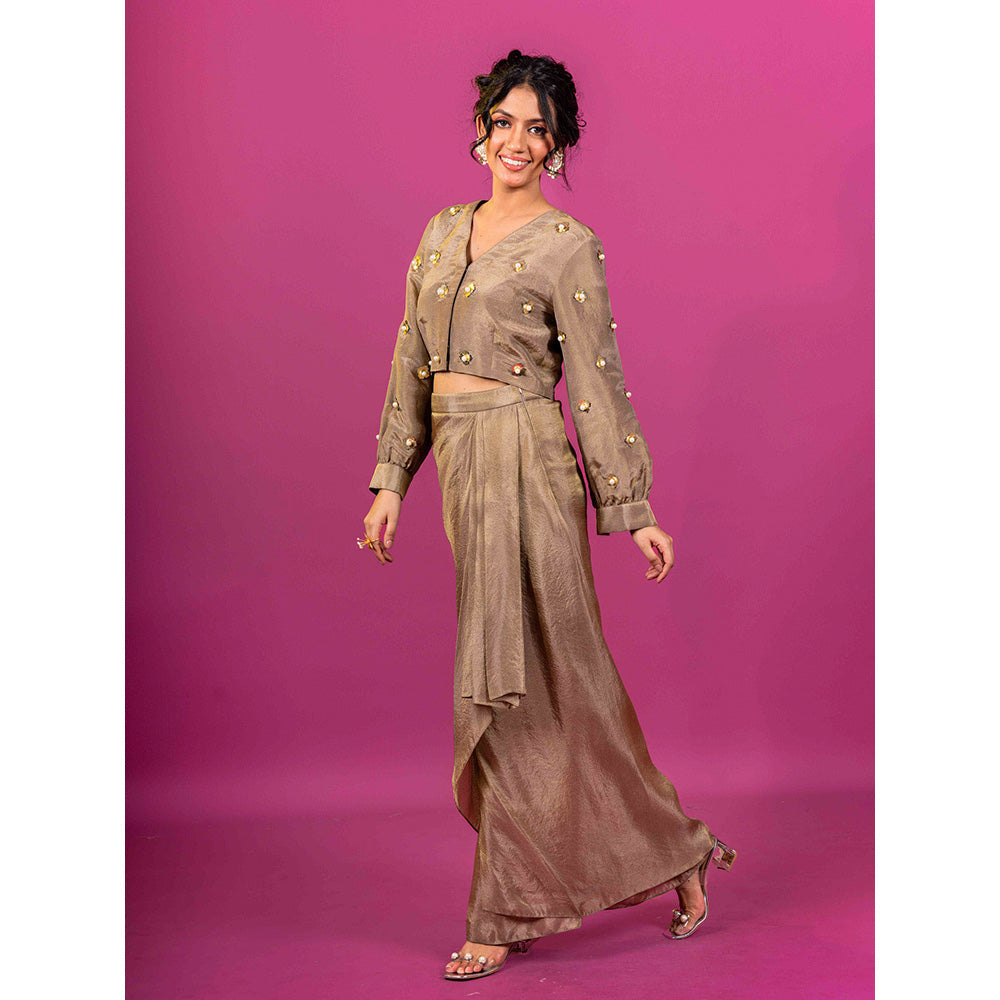 Harleen Kaur Brown Tissue Embellished Pre-Draped Skirt with Crop Top (Set of 2)