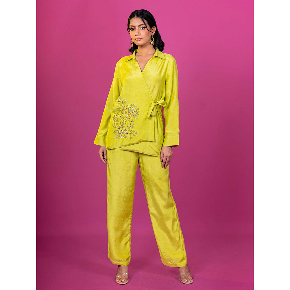 Harleen Kaur Lime Yellow Chanderi Hand Embroidered Co-Ord (Set of 2)