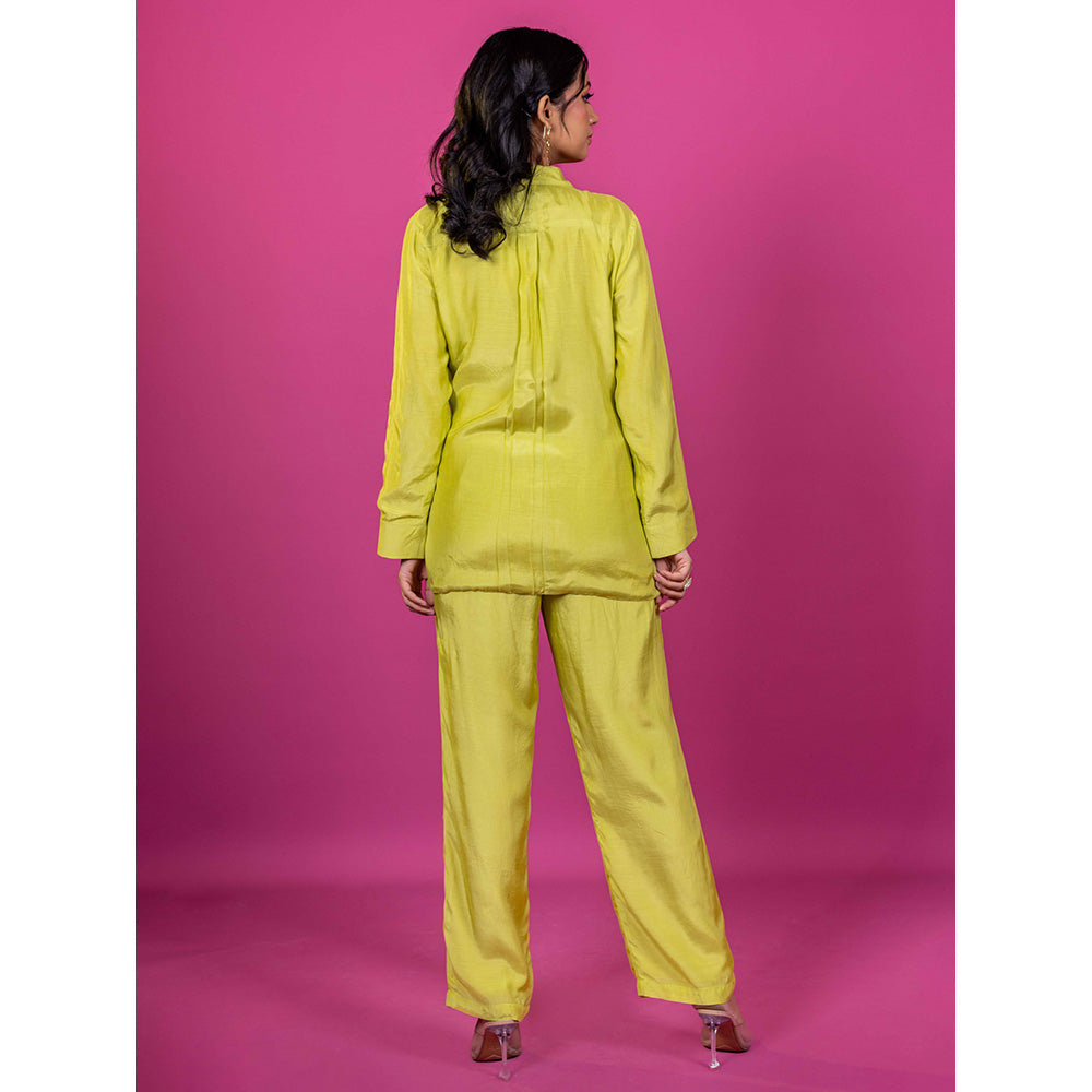 Harleen Kaur Lime Yellow Chanderi Hand Embroidered Co-Ord (Set of 2)