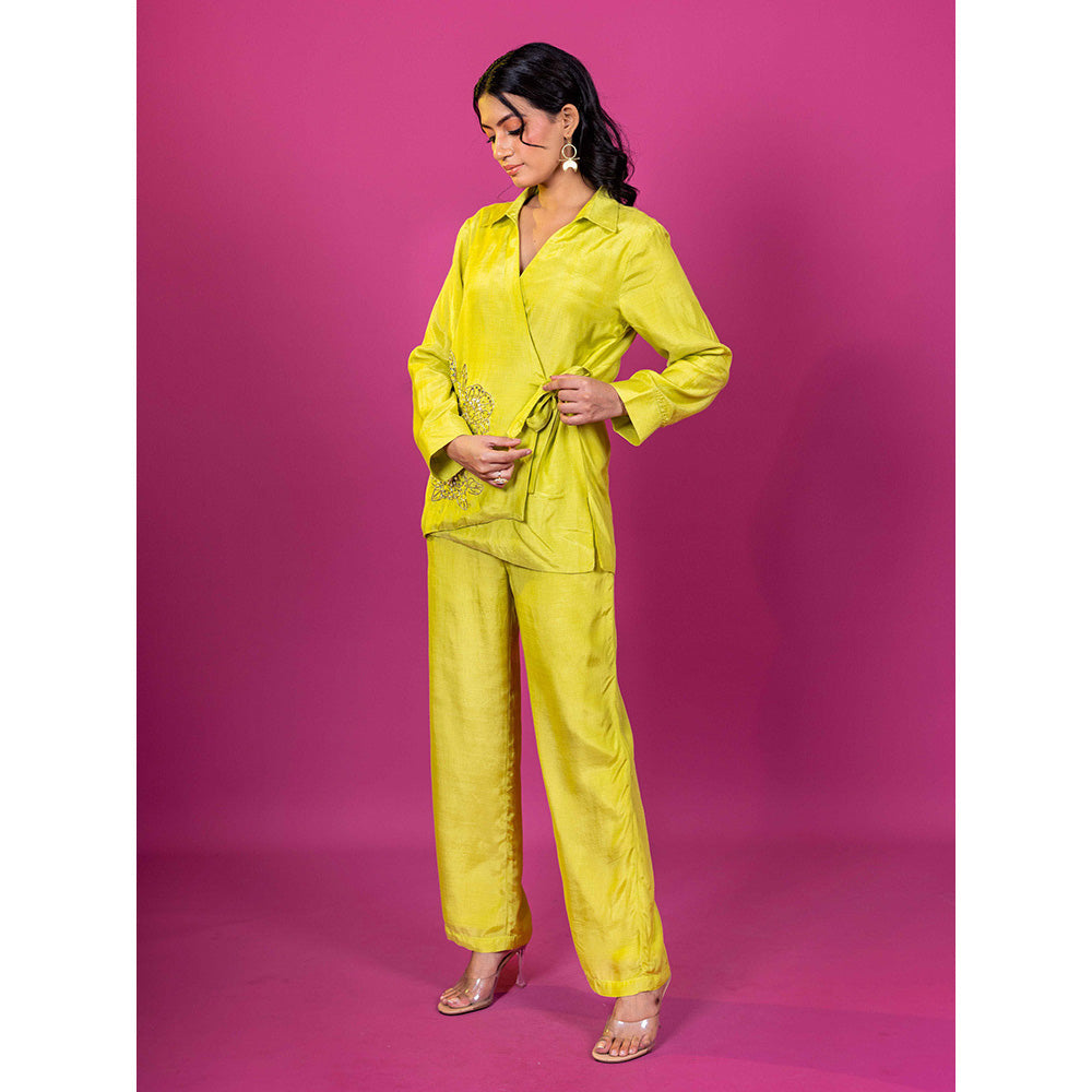 Harleen Kaur Lime Yellow Chanderi Hand Embroidered Co-Ord (Set of 2)