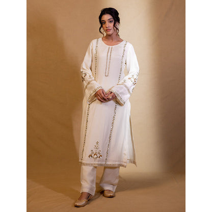 Harleen Kaur Off White Embroidered Pakistani Kurta with Pant and Dupatta (Set of 3)