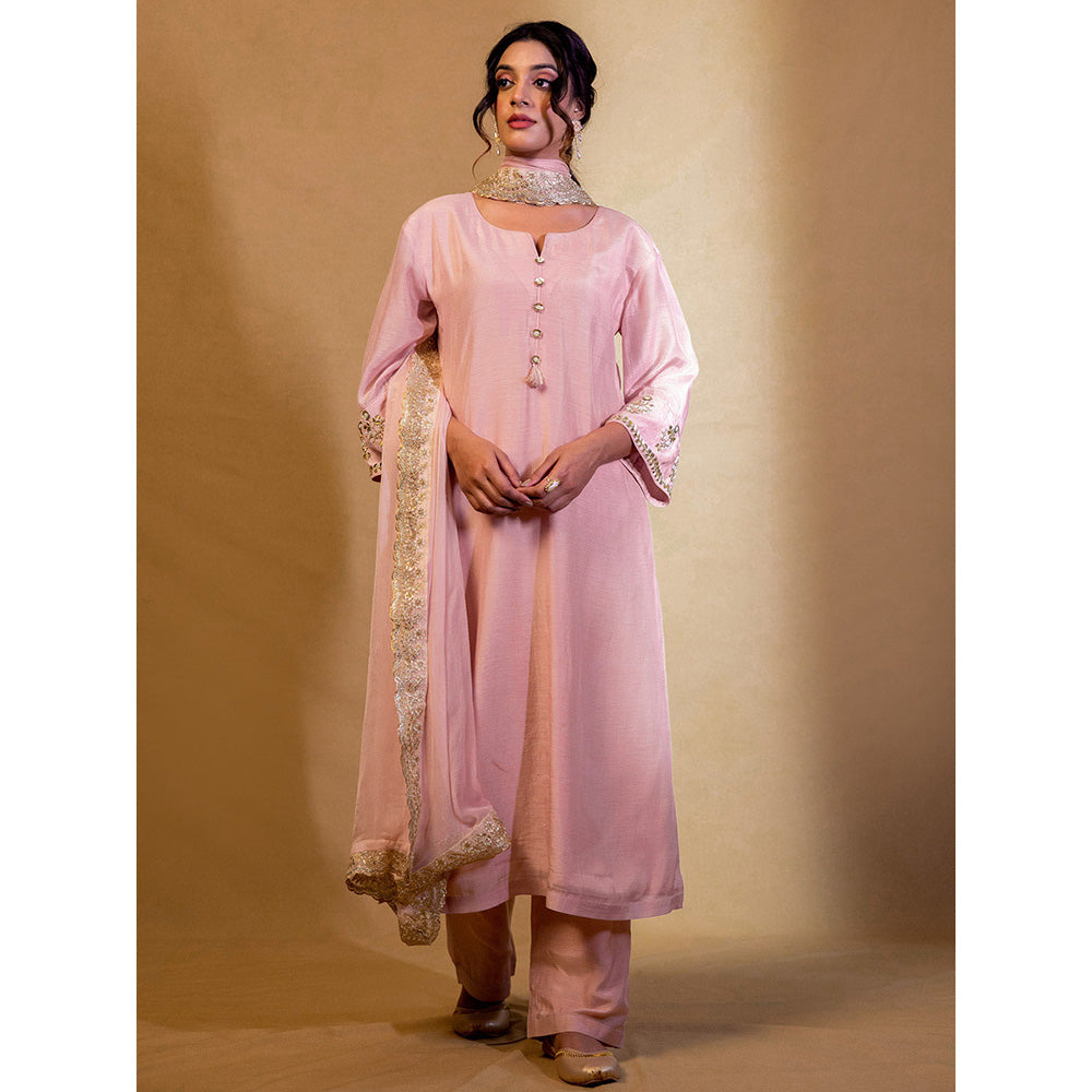 Harleen Kaur Pink Chanderi Hand Embroidered Kurta with Pant and Dupatta (Set of 3)