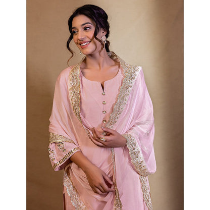 Harleen Kaur Pink Chanderi Hand Embroidered Kurta with Pant and Dupatta (Set of 3)