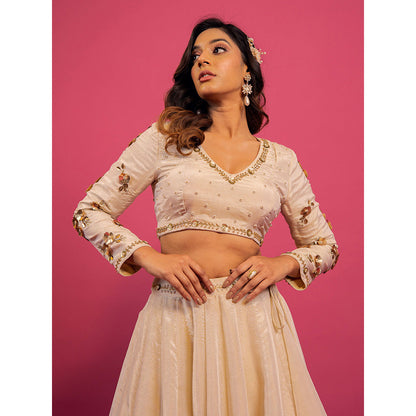 Harleen Kaur Off White Tissue Hand Embroidered Lehenga with Blouse and Dupatta (Set of 3)