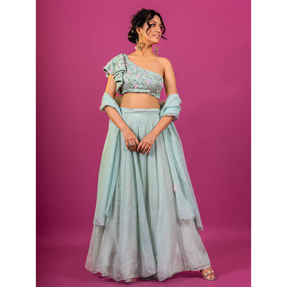 Harleen Kaur Sky Blue Hand Embroidered Lehenga with Blouse and Dupatta (Set of 3)