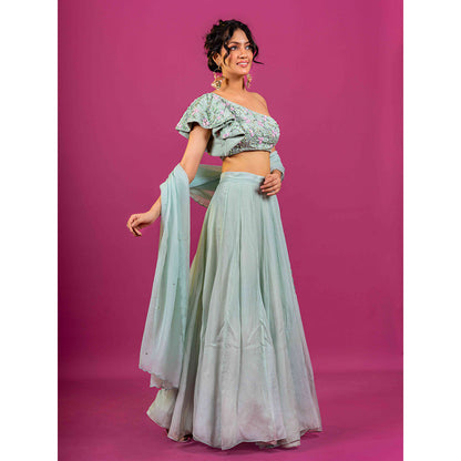 Harleen Kaur Sky Blue Hand Embroidered Lehenga with Blouse and Dupatta (Set of 3)
