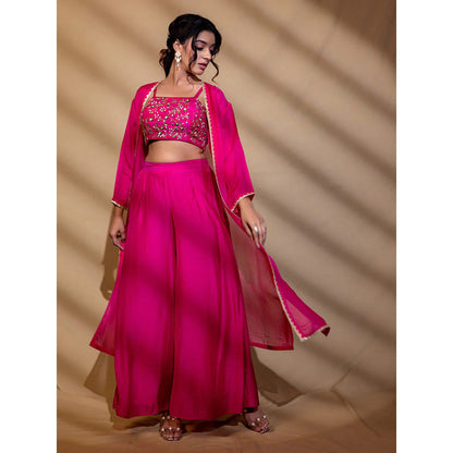 Harleen Kaur Pink Hand Embroidered Crop Top with Palazzo and Jacket