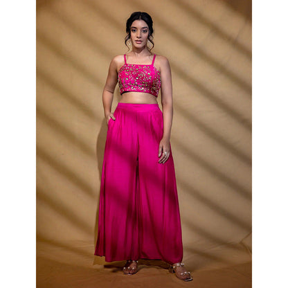 Harleen Kaur Pink Hand Embroidered Crop Top with Palazzo and Jacket