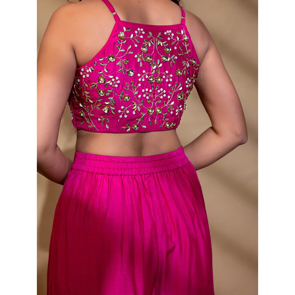 Harleen Kaur Pink Hand Embroidered Crop Top with Palazzo and Jacket