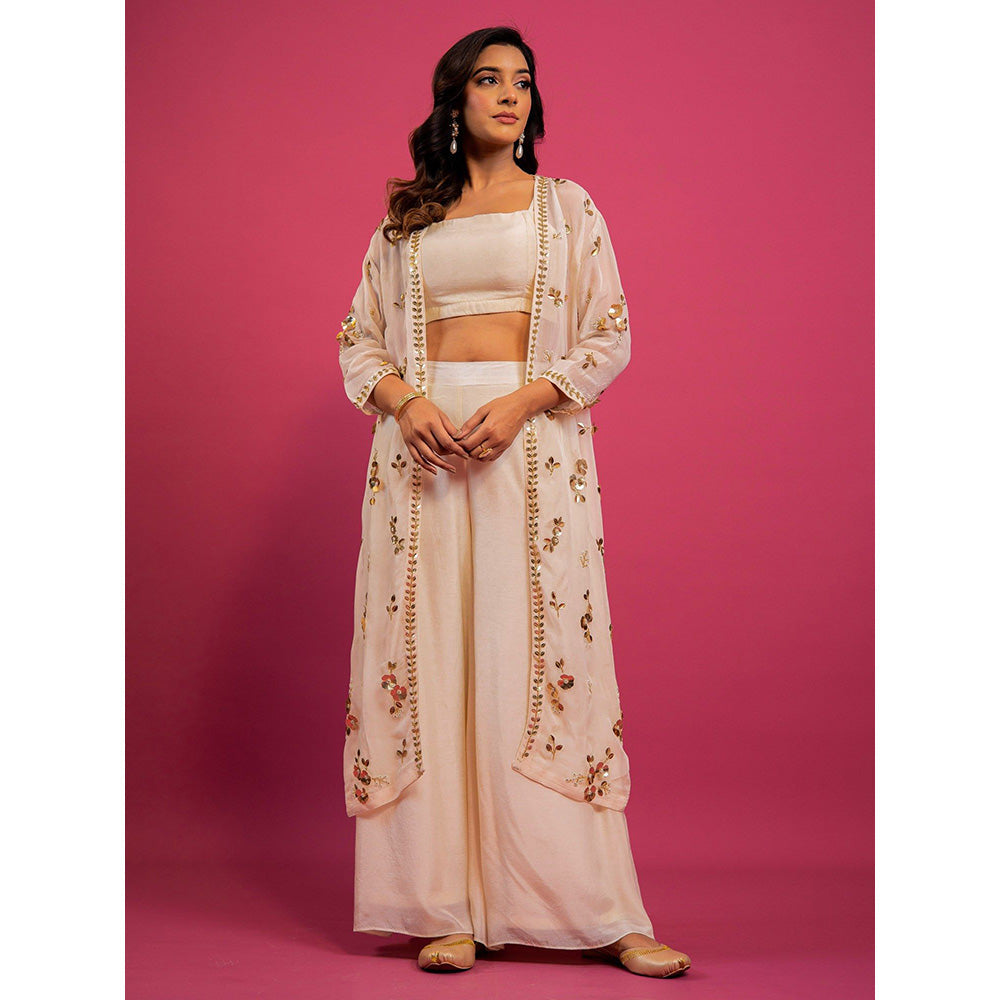 Harleen Kaur Off White Embroidered Crop Top with Palazzo and Jacket