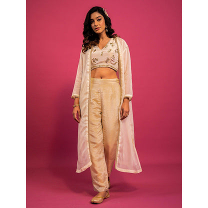 Harleen Kaur Off White Embroidered Crop Top with Pant and Jacket