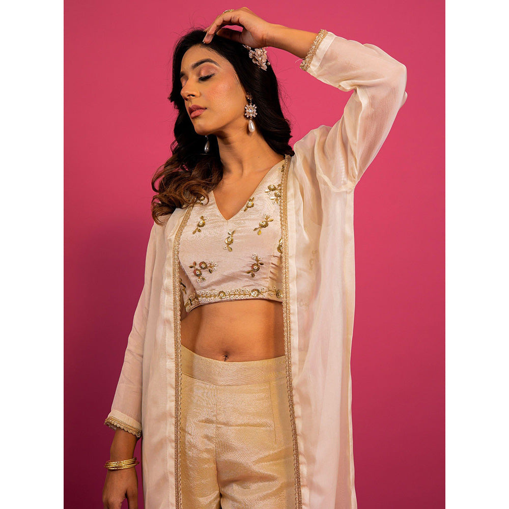 Harleen Kaur Off White Embroidered Crop Top with Pant and Jacket