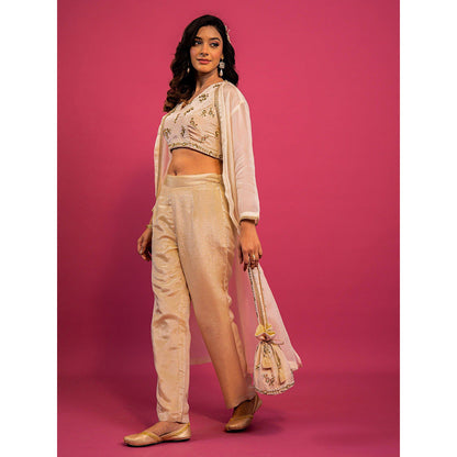 Harleen Kaur Off White Embroidered Crop Top with Pant and Jacket