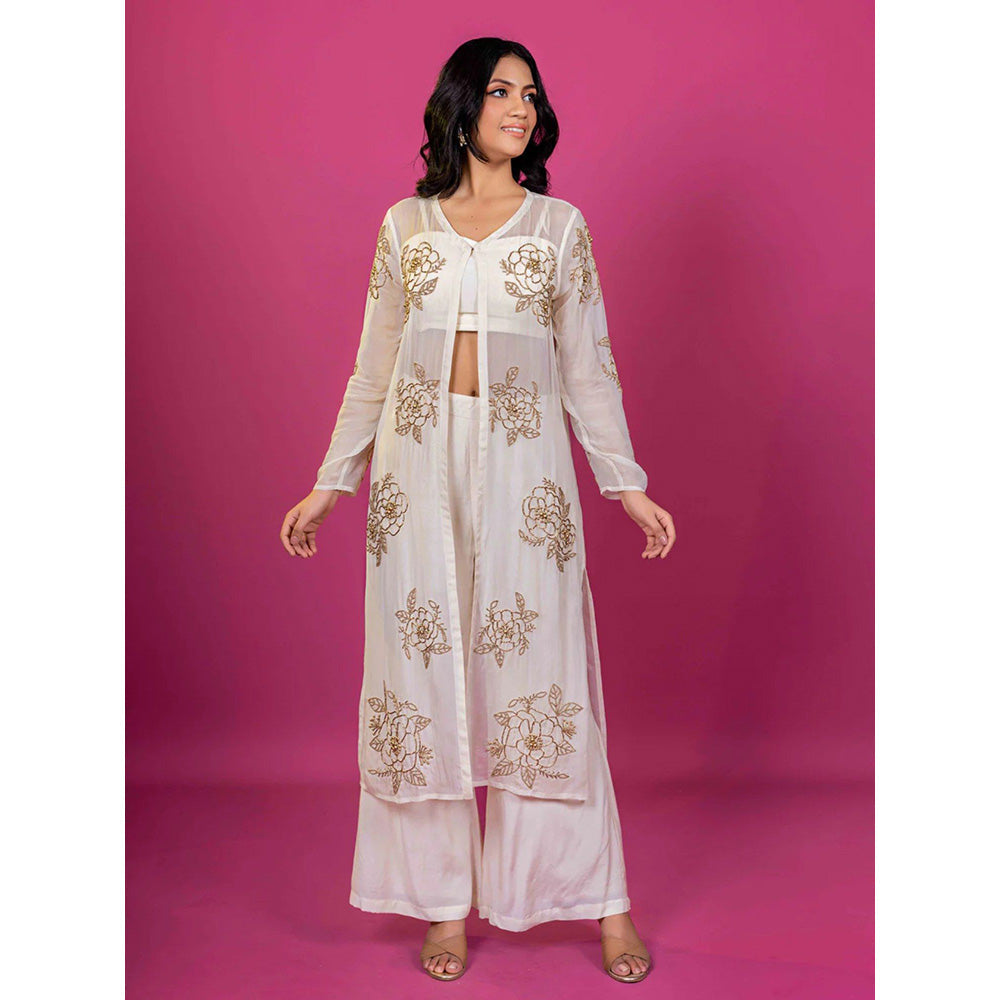 Harleen Kaur Off White Embroidered Crop Top with Palazzo and Jacket