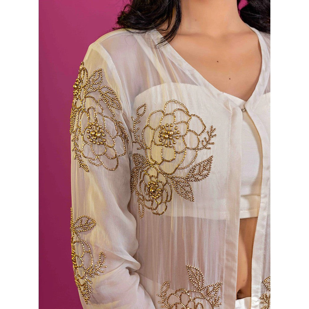 Harleen Kaur Off White Embroidered Crop Top with Palazzo and Jacket