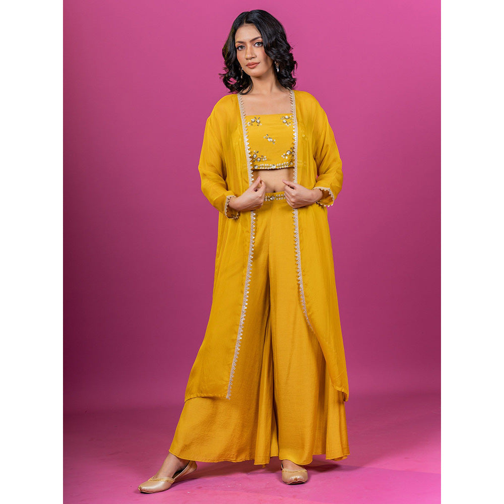 Harleen Kaur Yellow Embroidered Crop Top with Palazzo and Jacket