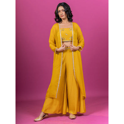 Harleen Kaur Yellow Embroidered Crop Top with Palazzo and Jacket