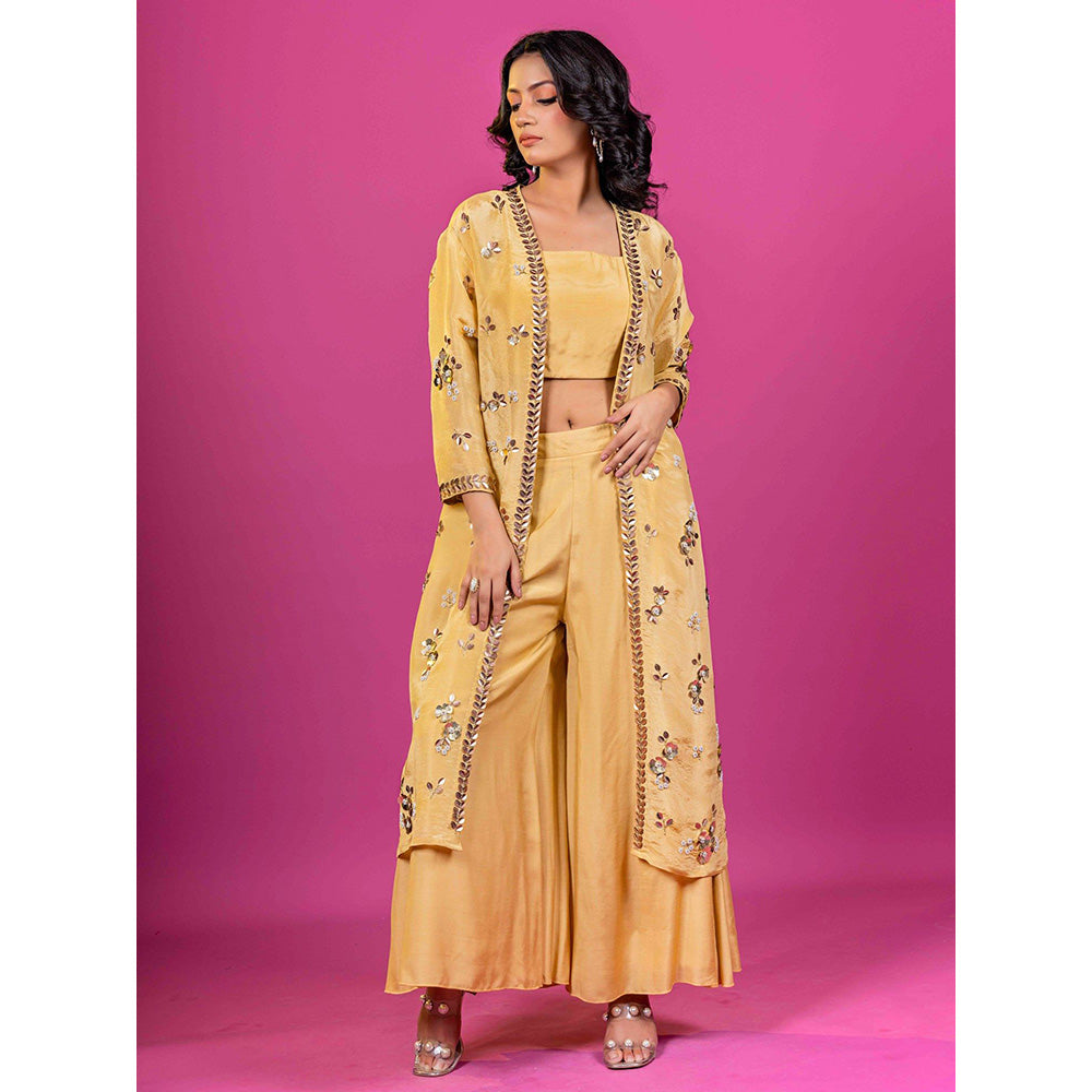 Harleen Kaur Yellow Floral Crop Top with Palazzo and Jacket