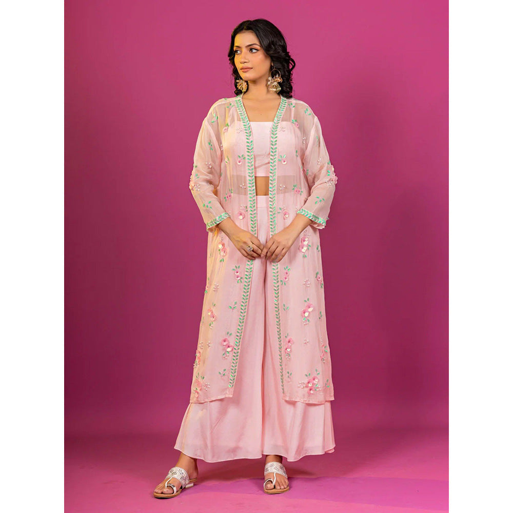 Harleen Kaur Pink Embroidered Crop Top with Palazzo and Jacket