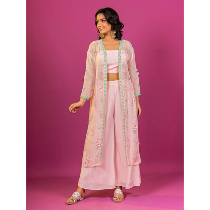 Harleen Kaur Pink Embroidered Crop Top with Palazzo and Jacket