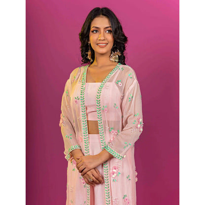 Harleen Kaur Pink Embroidered Crop Top with Palazzo and Jacket