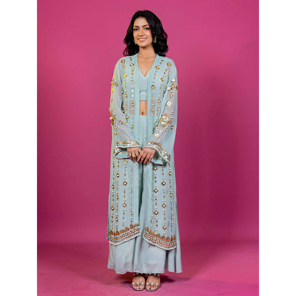 Harleen Kaur Mint Blue Crop Top with Palazzo and Jacket