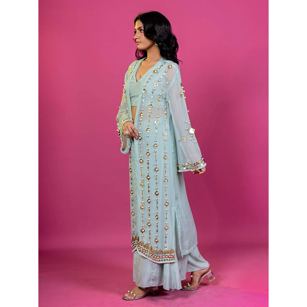 Harleen Kaur Mint Blue Crop Top with Palazzo and Jacket