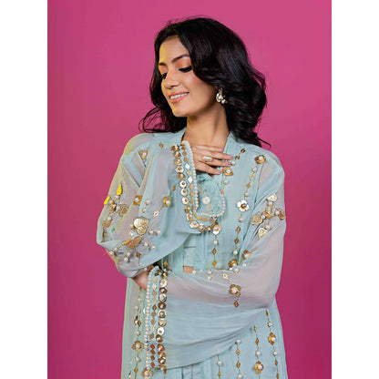 Harleen Kaur Mint Blue Crop Top with Palazzo and Jacket