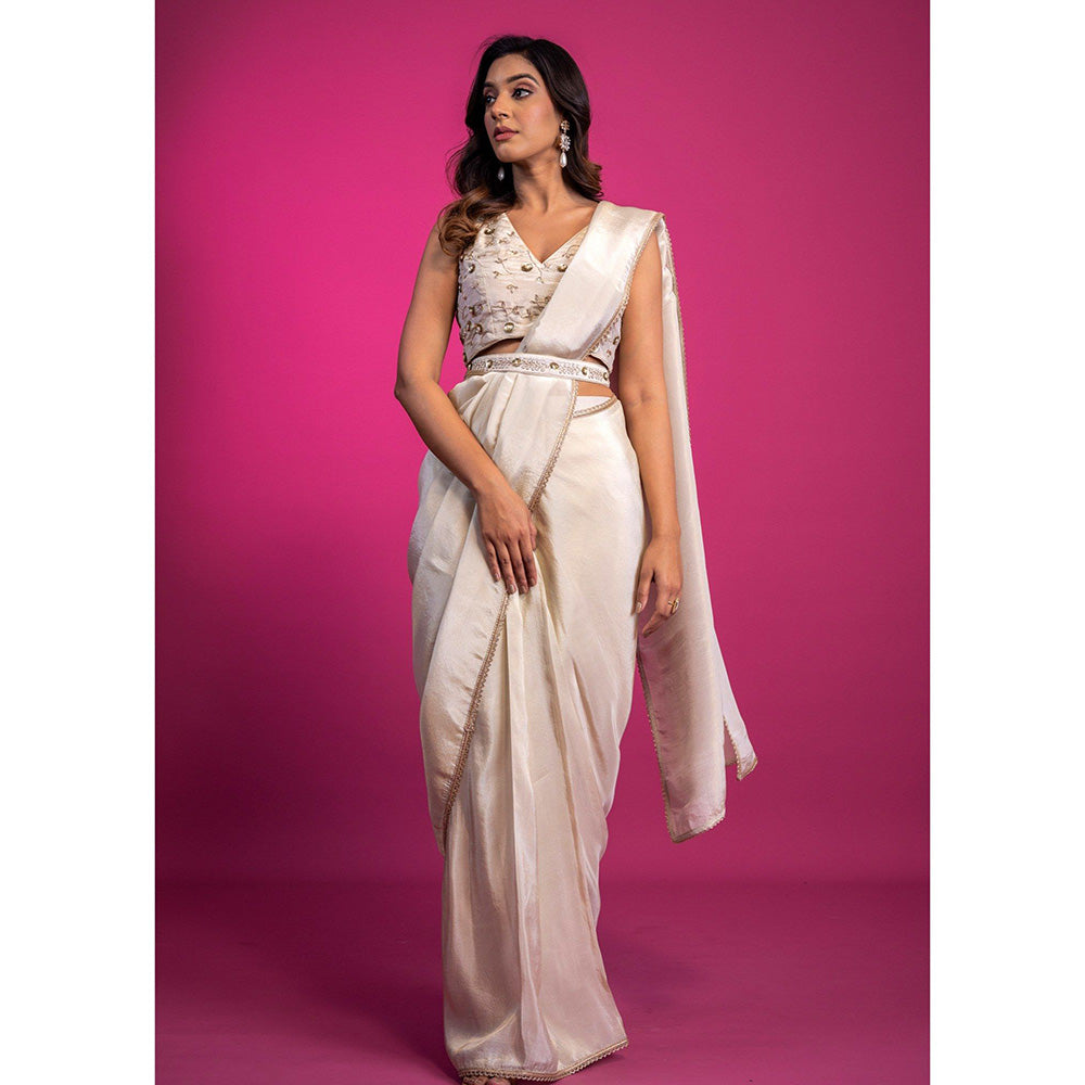 Harleen Kaur Off White Tissue Pre-Draped Saree with Stitched Blouse and Belt