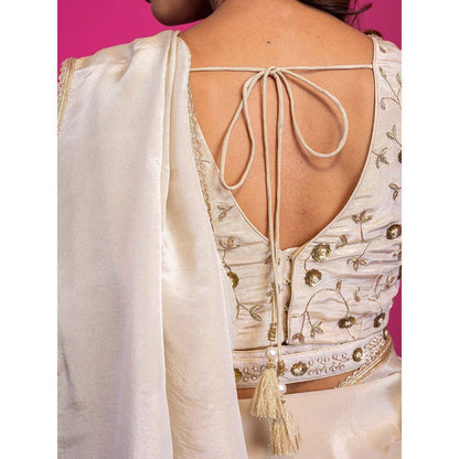 Harleen Kaur Off White Tissue Pre-Draped Saree with Stitched Blouse and Belt