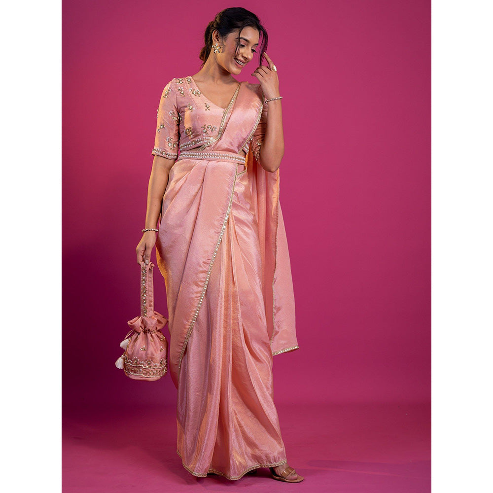 Harleen Kaur Pink Tissue Pre-Draped Saree with Stitched Blouse and Belt